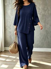 Weeklong Plus Size Women's Autumn/Winter Knit Ribbed Fabric Asymmetric Hem Button Decor Casual Commute Set Fall - Navy Blue - View 3