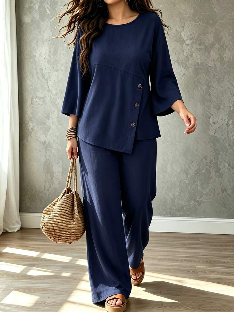 Weeklong Plus Size Women's Autumn/Winter Knit Ribbed Fabric Asymmetric Hem Button Decor Casual Commute Set Fall - Navy Blue - View 3