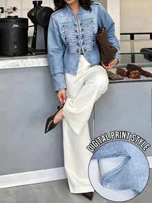 Easura Plus Size Women's Autumn/Winter Denim Effect Printed Casual Everyday Jacket Fall - Blue - View 2