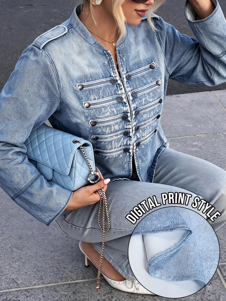 Easura Plus Size Women's Autumn/Winter Denim Effect Printed Casual Everyday Jacket Fall - Blue - View 1