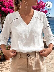 Weeklong Plus Size White Linen Blend Cutout Detail V-Neck Long Sleeve Blouse, Casual Top For Work & Vacation Ffall/Winter 100% Cotton Chic - White - View 5