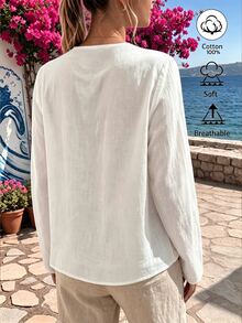 Weeklong Plus Size White Linen Blend Cutout Detail V-Neck Long Sleeve Blouse, Casual Top For Work & Vacation Ffall/Winter 100% Cotton Chic - White - View 2