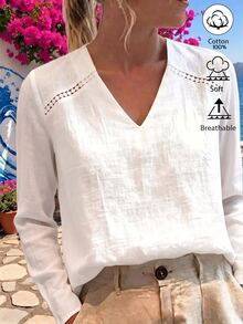 Weeklong Plus Size White Linen Blend Cutout Detail V-Neck Long Sleeve Blouse, Casual Top For Work & Vacation Ffall/Winter 100% Cotton Chic - White - View 3