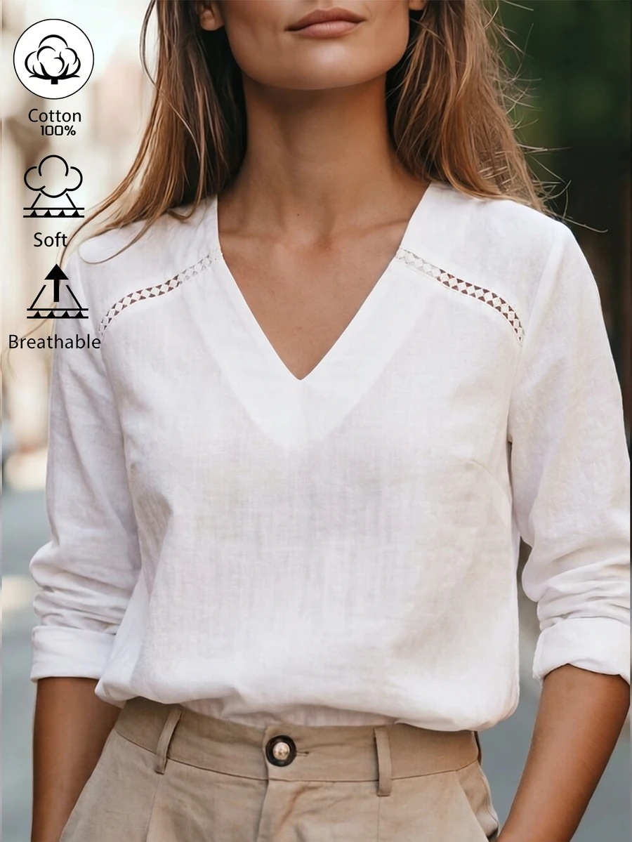 Weeklong Plus Size White Linen Blend Cutout Detail V-Neck Long Sleeve Blouse, Casual Top For Work & Vacation Ffall/Winter 100% Cotton Chic - White - View 1