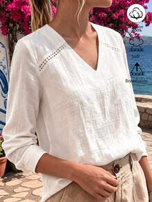 Weeklong Plus Size White Linen Blend Cutout Detail V-Neck Long Sleeve Blouse, Casual Top For Work & Vacation Ffall/Winter 100% Cotton Chic - White - View 4