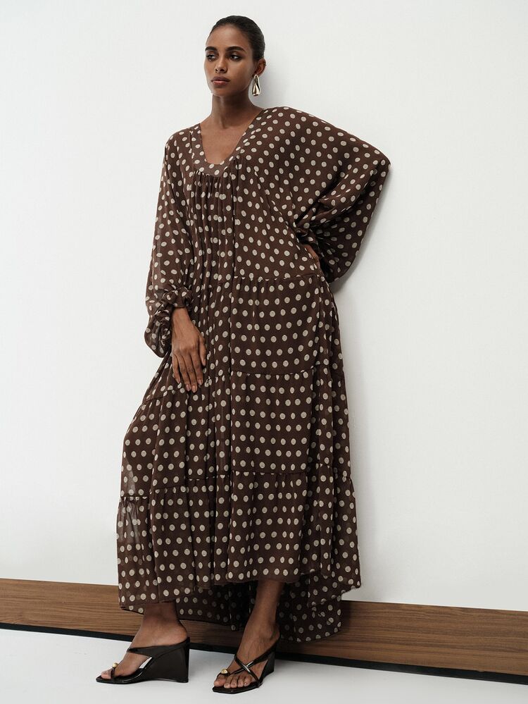 Aveloria Modichic Autumn/Winter Coffee & Beige Color Block Polka Dot Geometric Wave Texture Random Print Chiffon V-Neck Trapezoid Neckline Lightweight Puff Sleeve Loose Robe Style A-Line Inner Layer Knit Cami Slip Dress For Women, Elegant Vintage French Old Money Modern Luxury Party Casual Commute Bohemian Vacation Versatile - Black - View 6