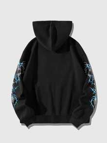 ROMWE MEN Goth Men's Fashion Angel Graphic Print Zip-Up Hoodie - Black - View 2