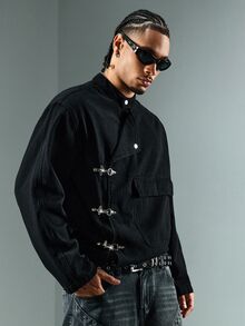 ROMWE MEN Street Life Men's Casual Versatile Daily Travel Long Sleeve Jacket With Airplane Buckle - Black - View 6