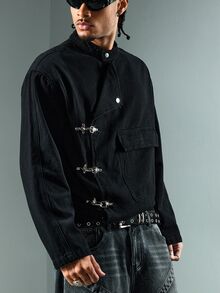 ROMWE MEN Street Life Men's Casual Versatile Daily Travel Long Sleeve Jacket With Airplane Buckle - Black - View 1