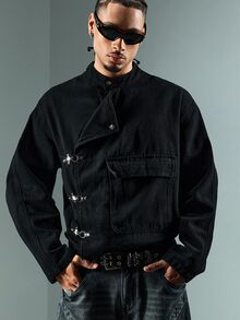 ROMWE MEN Street Life Men's Casual Versatile Daily Travel Long Sleeve Jacket With Airplane Buckle - Black - View 7