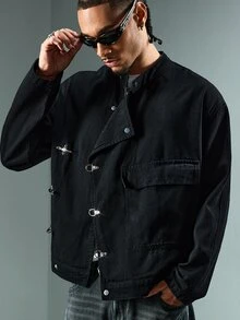 ROMWE MEN Street Life Men's Casual Versatile Daily Travel Long Sleeve Jacket With Airplane Buckle - Black - View 9