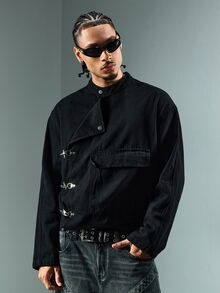 ROMWE MEN Street Life Men's Casual Versatile Daily Travel Long Sleeve Jacket With Airplane Buckle - Black - View 5