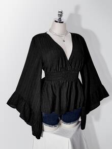 SHEIN ICON Plus Size Bell Sleeve Ruffle V-Neck Cinched Waist Babydoll Top, Casual Sexy Elegant Blouse, Fashion Y2K Boho, Halloween Fall Black Date Night Party - Black - View 8