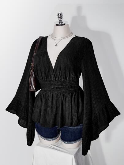 SHEIN ICON Plus Size Bell Sleeve Ruffle V-Neck Cinched Waist Babydoll Top, Casual Bell Sleeve Blouse, Commute Fashion Y2K Boho, Halloween