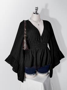 SHEIN ICON Plus Size Bell Sleeve Ruffle V-Neck Cinched Waist Babydoll Top, Casual Sexy Elegant Blouse, Fashion Y2K Boho, Halloween Fall Black Date Night Party - Black - View 7