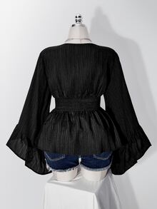 SHEIN ICON Plus Size Bell Sleeve Ruffle V-Neck Cinched Waist Babydoll Top, Casual Sexy Elegant Blouse, Fashion Y2K Boho, Halloween Fall Black Date Night Party - Black - View 2