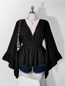 SHEIN ICON Plus Size Bell Sleeve Ruffle V-Neck Cinched Waist Babydoll Top, Casual Sexy Elegant Blouse, Fashion Y2K Boho, Halloween Fall Black Date Night Party - Black - View 4