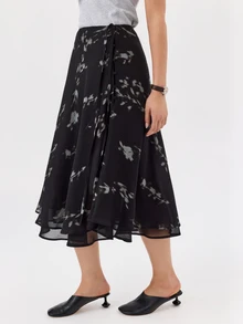 KÆRIA Hus Draped Button Wrap Midi Skirt - Whisper Georgette - Shadow Bloom Print - Matching Set, Vacation, Cute, Floral, Flower, Double Layer, Country - Black - View 4