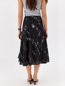 KÆRIA Hus Draped Button Wrap Midi Skirt - Whisper Georgette - Shadow Bloom Print - Matching Set, Vacation, Cute, Floral, Flower, Double Layer, Country - Black - View 2