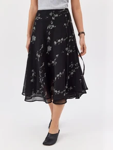 KÆRIA Hus Draped Button Wrap Midi Skirt - Whisper Georgette - Shadow Bloom Print - Matching Set, Vacation, Cute, Floral, Flower, Double Layer, Country - Black - View 6