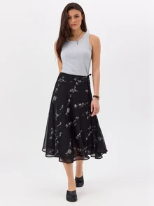 KÆRIA Hus Draped Button Wrap Midi Skirt - Whisper Georgette - Shadow Bloom Print - Matching Set, Vacation, Cute, Floral, Flower, Double Layer, Country - Black - View 7