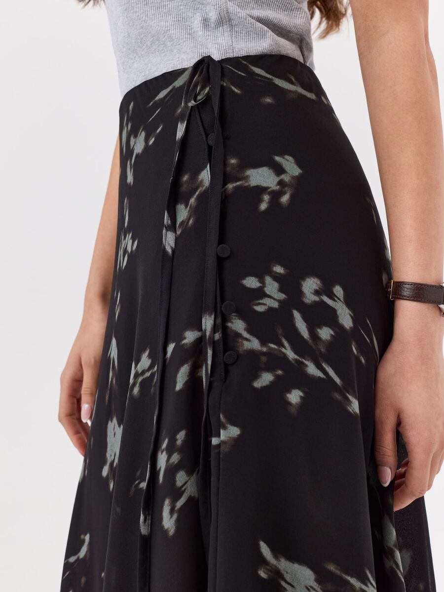 KÆRIA Hus Draped Button Wrap Midi Skirt - Whisper Georgette - Shadow Bloom Print - Matching Set, Vacation, Cute, Floral, Flower, Double Layer, Country - Black - View 1