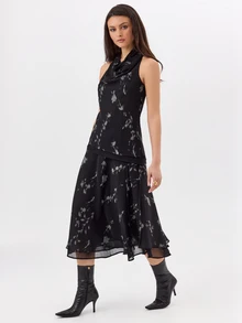 KÆRIA Hus Draped Button Wrap Midi Skirt - Whisper Georgette - Shadow Bloom Print - Matching Set, Vacation, Cute, Floral, Flower, Double Layer, Country - Black - View 3