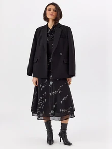 KÆRIA Hus Draped Button Wrap Midi Skirt - Whisper Georgette - Shadow Bloom Print - Matching Set, Vacation, Cute, Floral, Flower, Double Layer, Country - Black - View 5