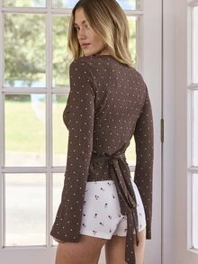Aralina Women's Autumn Casual Polka Dot Print Tie Wrap Top - Coffee Brown - View 6