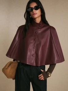 Poéselle Women's Solid Color PU Leather Single-Breasted Fashion Elegant PU Leather Cape Trench Coat Office Dark Red Autumn - Burgundy - View 5