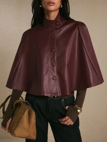 Poéselle Women's Solid Color PU Leather Single-Breasted Fashion Elegant PU Leather Cape Trench Coat Office Dark Red Autumn - Burgundy - View 8