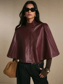 Poéselle Women's Solid Color PU Leather Single-Breasted Fashion Elegant PU Leather Cape Trench Coat Office Dark Red Autumn - Burgundy - View 7