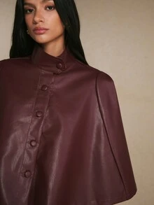 Poéselle Women's Solid Color PU Leather Single-Breasted Fashion Elegant PU Leather Cape Trench Coat Office Dark Red Autumn - Burgundy - View 4