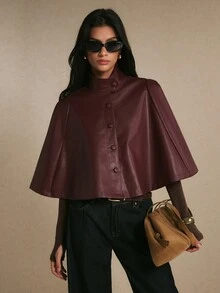 Poéselle Women's Solid Color PU Leather Single-Breasted Fashion Elegant PU Leather Cape Trench Coat Office Dark Red Autumn - Burgundy - View 6