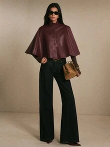 Poéselle Women's Solid Color PU Leather Single-Breasted Fashion Elegant PU Leather Cape Trench Coat Office Dark Red Autumn - Burgundy - View 1