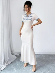 SHEIN Unity 夏季短袖長洋裝拿破崙鈕扣印花時尚優雅休閒日常通勤早午餐茶會晚餐酒吧派對女款白色與藍色 - 杏色 - 查看 7