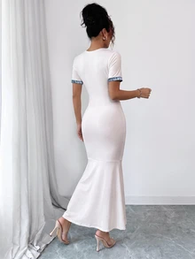 SHEIN Unity 夏季短袖長洋裝拿破崙鈕扣印花時尚優雅休閒日常通勤早午餐茶會晚餐酒吧派對女款白色與藍色 - 杏色 - 查看 8