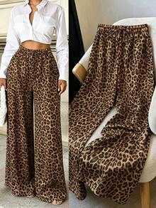 SHEIN Franclia Autumn Women's Vintage Leopard Print Satin Wide Leg Pants Drawstring High Waist Loose Casual Trousers Vacation Resort Outfit Street Style Brown - Brown - View 4