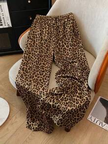 SHEIN Franclia Autumn Women's Vintage Leopard Print Satin Wide Leg Pants Drawstring High Waist Loose Casual Trousers Vacation Resort Outfit Street Style Brown - Brown - View 3