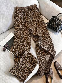 SHEIN Franclia Autumn Women's Vintage Leopard Print Satin Wide Leg Pants Drawstring High Waist Loose Casual Trousers Vacation Resort Outfit Street Style Brown - Brown - View 8