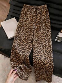 SHEIN Franclia Autumn Women's Vintage Leopard Print Satin Wide Leg Pants Drawstring High Waist Loose Casual Trousers Vacation Resort Outfit Street Style Brown - Brown - View 1