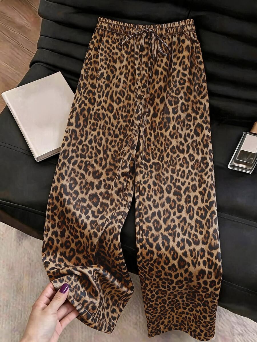 SHEIN Franclia Autumn Women's Vintage Leopard Print Satin Wide Leg Pants Drawstring High Waist Loose Casual Trousers Vacation Resort Outfit Street Style Brown - Brown - View 1