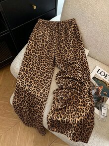 SHEIN Franclia Autumn Women's Vintage Leopard Print Satin Wide Leg Pants Drawstring High Waist Loose Casual Trousers Vacation Resort Outfit Street Style Brown - Brown - View 5