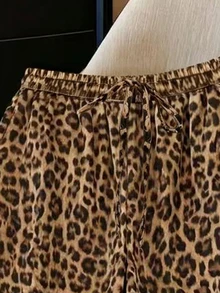 SHEIN Franclia Autumn Women's Vintage Leopard Print Satin Wide Leg Pants Drawstring High Waist Loose Casual Trousers Vacation Resort Outfit Street Style Brown - Brown - View 7
