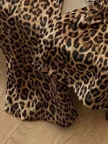 SHEIN Franclia Autumn Women's Vintage Leopard Print Satin Wide Leg Pants Drawstring High Waist Loose Casual Trousers Vacation Resort Outfit Street Style Brown - Brown - View 6