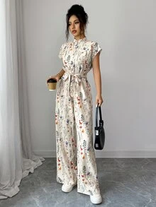 SHEIN 女款優雅立領前開襟連肩短袖收腰寬腿長版連身褲 - 杏色 - 查看 8