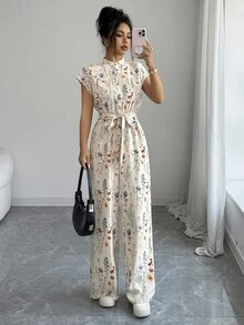 SHEIN 女款優雅立領前開襟連肩短袖收腰寬腿長版連身褲 - 杏色 - 查看 1