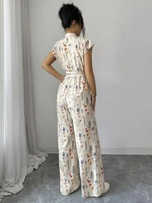 SHEIN 女款優雅立領前開襟連肩短袖收腰寬腿長版連身褲 - 杏色 - 查看 2