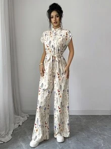 SHEIN 女款優雅立領前開襟連肩短袖收腰寬腿長版連身褲 - 杏色 - 查看 6