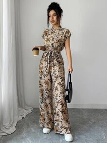 SHEIN 女款優雅立領前開襟連肩短袖收腰寬腿長版連身褲 - 卡其色 - 查看 8